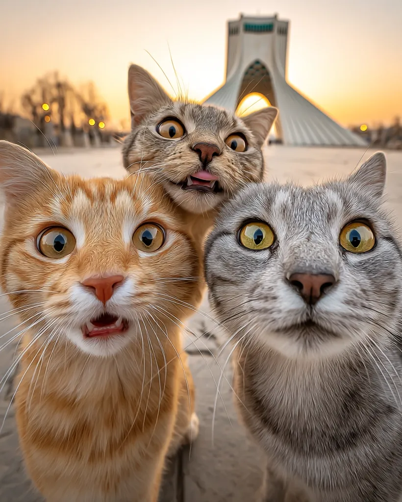 Three cats pose for a close-up selfie in front of the Azadi Tower in Tehran, Iran.  An orange tabby, a grey tabby, and a grey and white cat stare directly at the camera with wide eyes and expressive faces. The setting sun casts a warm glow on the scene, creating a striking contrast against the modern architecture of the tower.  The cats' playful expressions add a charming element to the urban landscape.