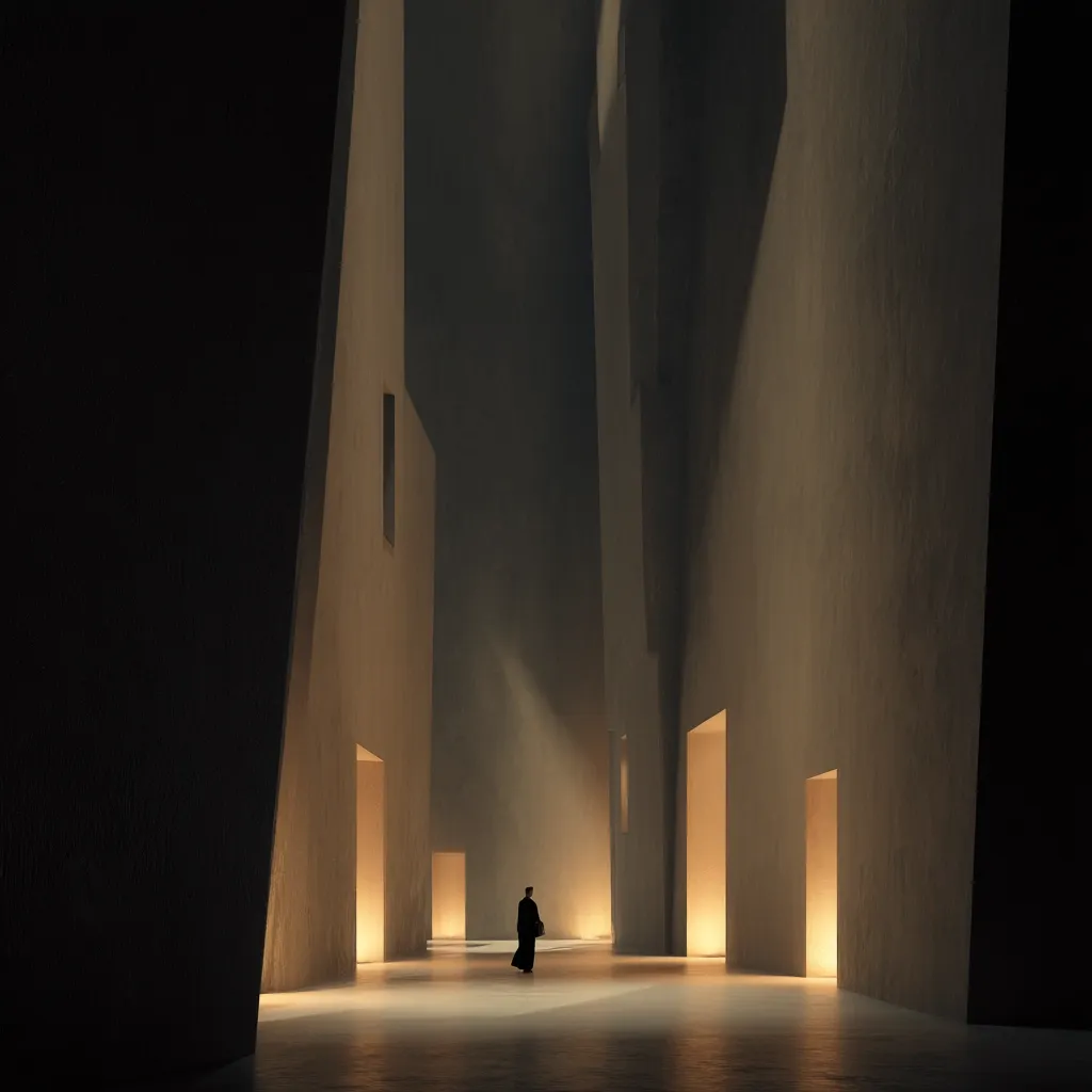 A lone figure in dark clothing walks through a dimly lit, abstract architectural space.  Tall, beige walls with subtly glowing doorways create a maze-like corridor.  The atmosphere is serene and contemplative, emphasizing the solitude of the individual within the mysterious structure.  Light streams in from unseen sources, casting soft shadows and highlighting the stark geometry.