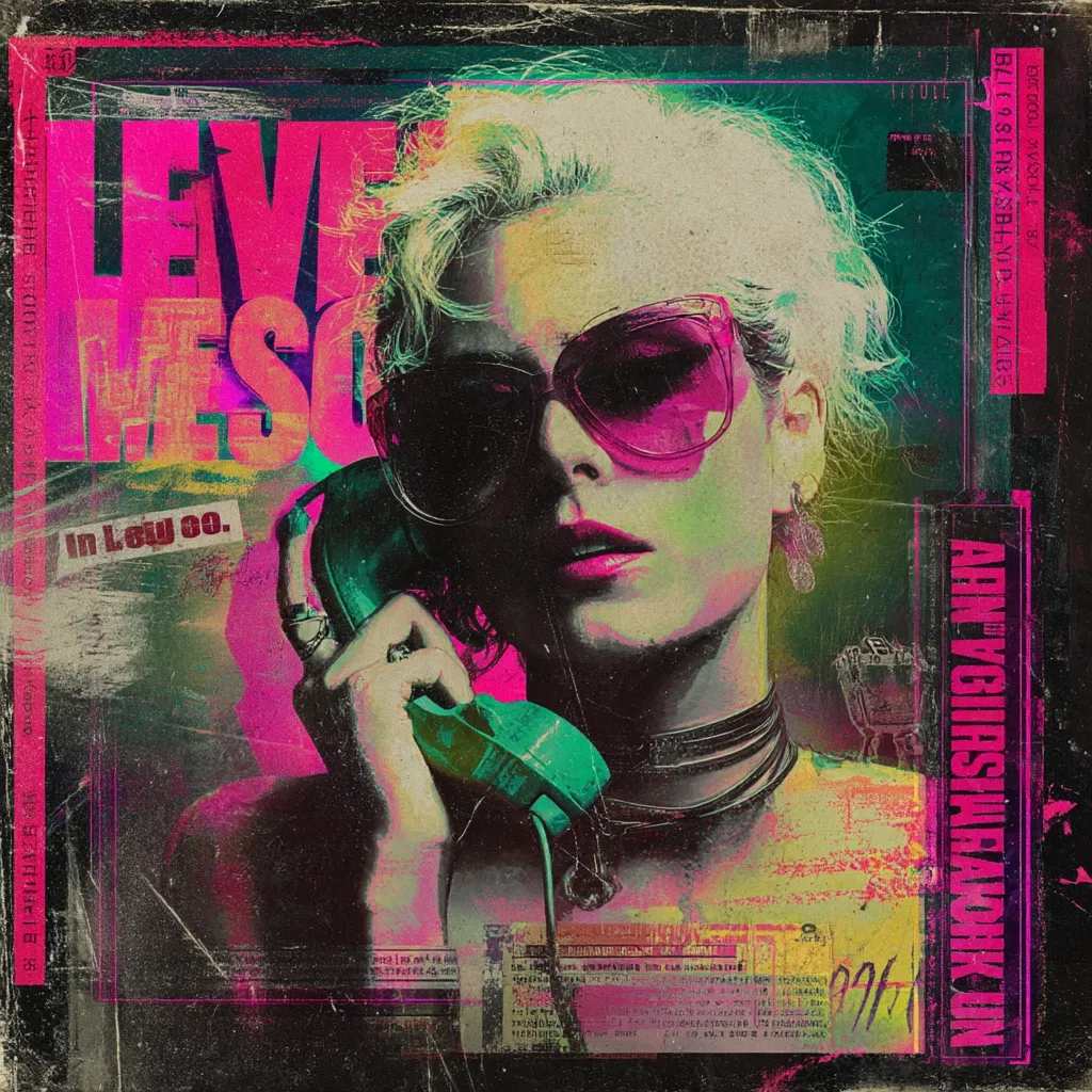 A stylized poster for "Anya Taylor-Joy in *The Menu*".  The image features Anya Taylor-Joy, in a vibrant, grunge-inspired aesthetic,  wearing pink sunglasses and holding a vintage teal telephone.  The title is overlaid with a distressed, retro typeface, incorporating a "In Levy Co." detail.  The overall style evokes a 1970s or 1980s vibe with bold colors and a textured, collage-like effect.