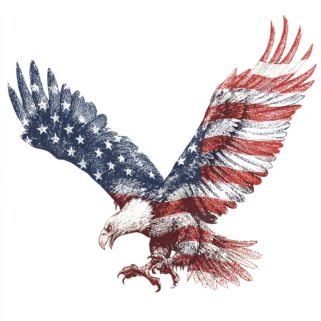 A hand-drawn illustration depicts a bald eagle in flight, its wings spread wide.  The eagle's feathers are intricately detailed and patterned with the American flag's stars and stripes. The eagle is shown in a dynamic pose, claws extended, conveying a sense of power and freedom.  The style is reminiscent of vintage patriotic artwork.