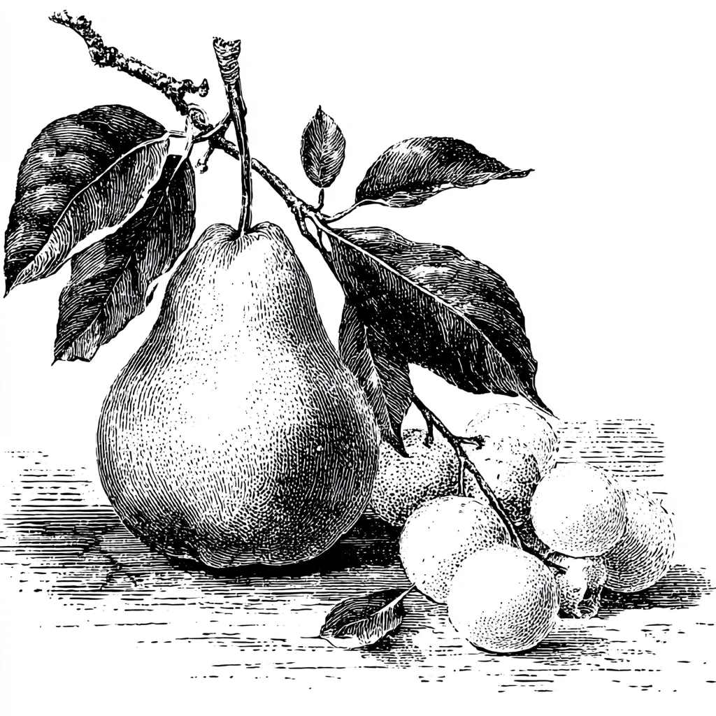 A black and white illustration depicts a large pear on a branch with leaves, resting on a surface alongside a cluster of smaller, round fruits. The style is reminiscent of vintage botanical prints, with detailed hatching and cross-hatching to create shading and texture. The pear is the focal point, its form rendered with meticulous detail. The smaller fruits suggest a related species or perhaps a different variety of the same fruit. The overall impression is one of natural abundance and a celebration of the harvest.