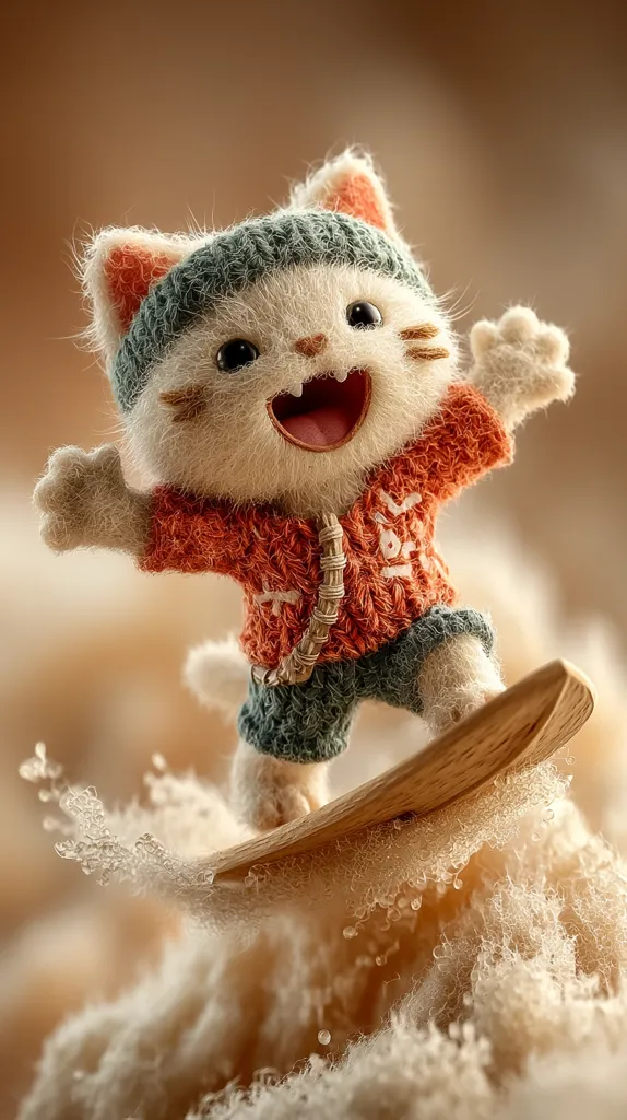 A joyful, fluffy white cat, wearing a knitted hat and orange sweater, enthusiastically surfs a small wooden board on a wave of fluffy, cream-colored material.  Its cheerful expression and outstretched arms add to the whimsical scene. The overall style is cute and playful, suggesting a fun, imaginative world.
