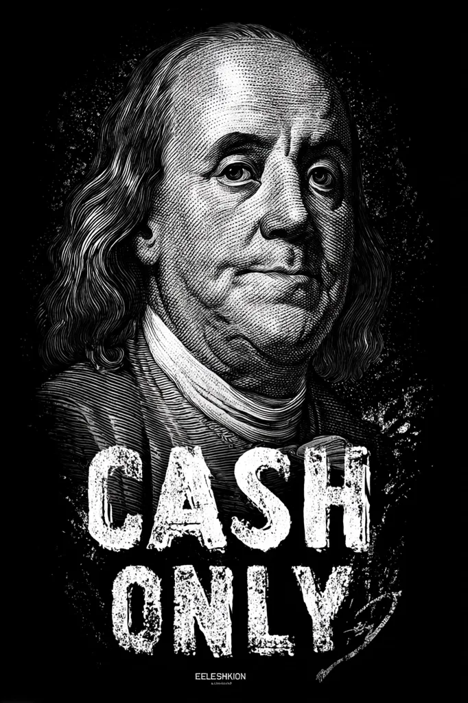 A striking black and white illustration features a detailed portrait of Benjamin Franklin, reminiscent of a $100 bill.  The words "CASH ONLY" are superimposed over the image in a bold, distressed typeface. The overall style is gritty and impactful, suggesting a focus on the tangible value of money.  The artist's signature is subtly placed at the bottom.