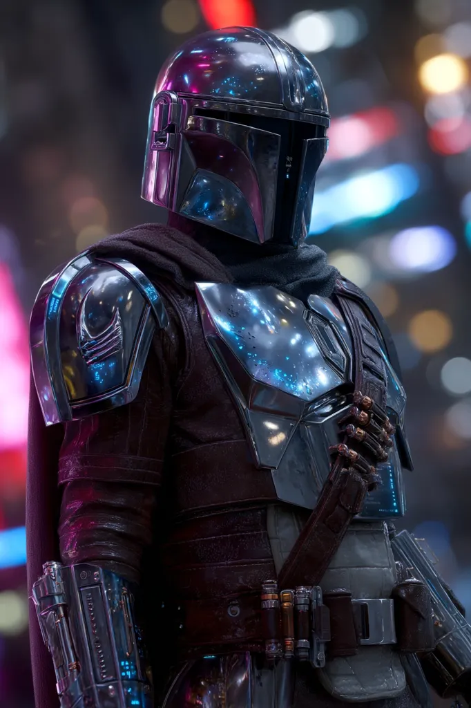 A Mandalorian warrior stands against a blurred city backdrop.  Their armor is predominantly dark metallic, with accents of glowing blue and purple.  The helmet features the signature T-visor, and intricate detailing is visible on the pauldrons and chest piece.  A dark brown leather jacket or coat is worn over the armor, adding a layer of texture.  Various pouches and equipment are attached to the belt. The overall aesthetic is dark, futuristic, and imposing.