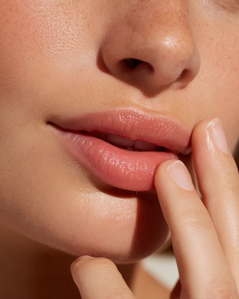 Close-up of a woman's face, focusing on her lips and nose.  Her skin is lightly freckled and appears sun-kissed.  Her lips are full and a natural, soft pink color.  A finger gently touches her lower lip. The overall impression is one of natural beauty and healthy skin.