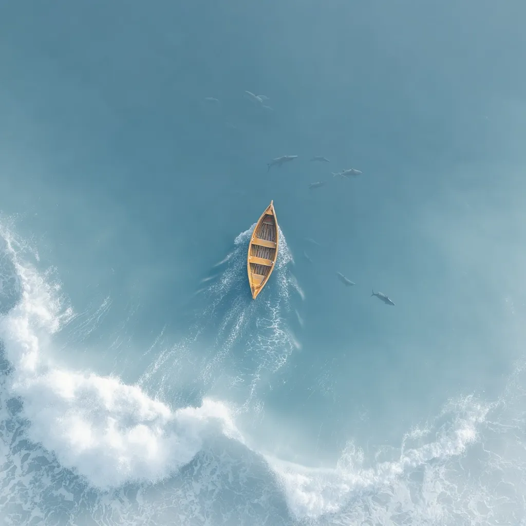 An aerial view shows a small, lone wooden rowboat gliding across serene, turquoise water.  Several dark shapes, possibly dolphins, swim nearby.  A wave breaks gently in the lower left corner, contrasting the calm surrounding the boat. The overall mood is peaceful and slightly mysterious.