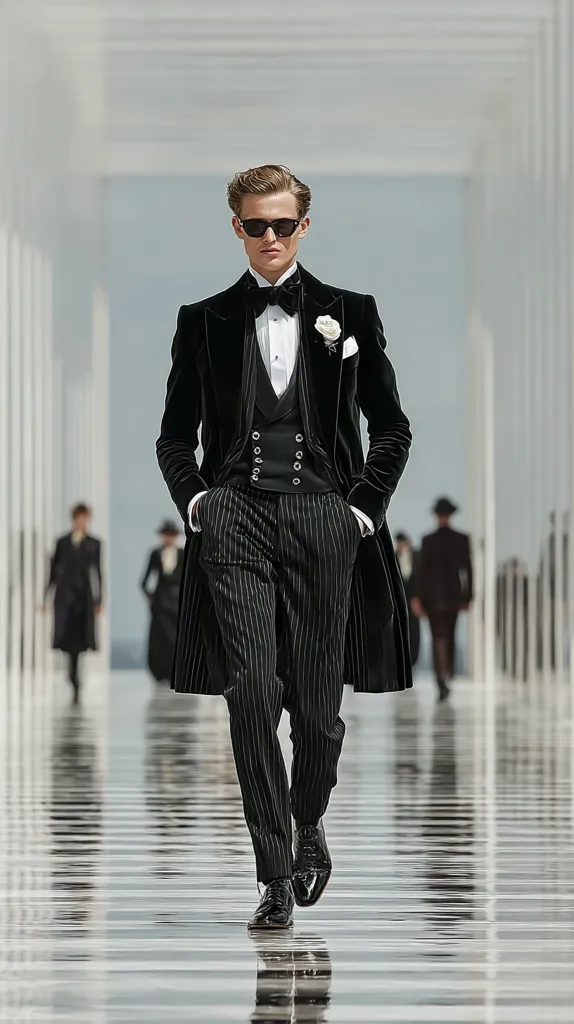 A male model strolls down a sleek, reflective walkway, showcasing a sophisticated black velvet tuxedo coat over a pinstriped suit.  He wears black sunglasses and polished black shoes, completing a classic, elegant look.  The background features blurred figures in dark attire, enhancing the model's prominent style.  The setting appears modern and minimalist, emphasizing the sharp lines of the outfit.
