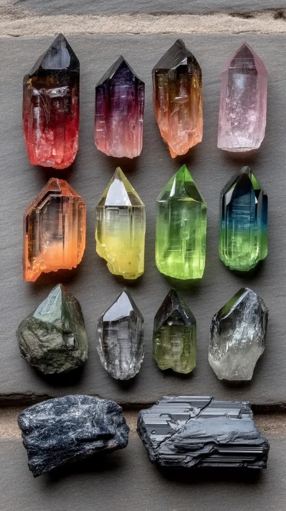 A collection of twelve vibrant, pointed crystals arranged in a grid, showcasing a spectrum of colors including red, pink, orange, yellow, green, and blue.  These are complemented by three rougher, darker stones at the bottom, offering a contrast in texture and color. The crystals are meticulously displayed on a dark gray surface, emphasizing their unique hues and formations.