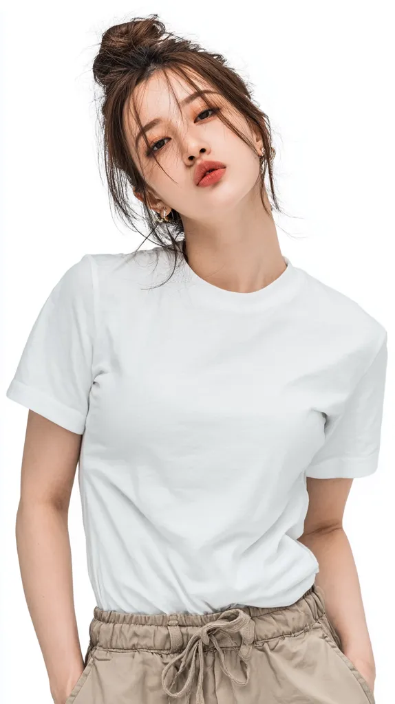 A young woman with brown hair styled in a messy bun wears a plain white t-shirt and light beige drawstring pants.  She's looking slightly down and to the side, with a subtle, pensive expression. The image is clean and bright, against a white background, highlighting the simple style of her clothing.  Her makeup is natural and enhances her features.