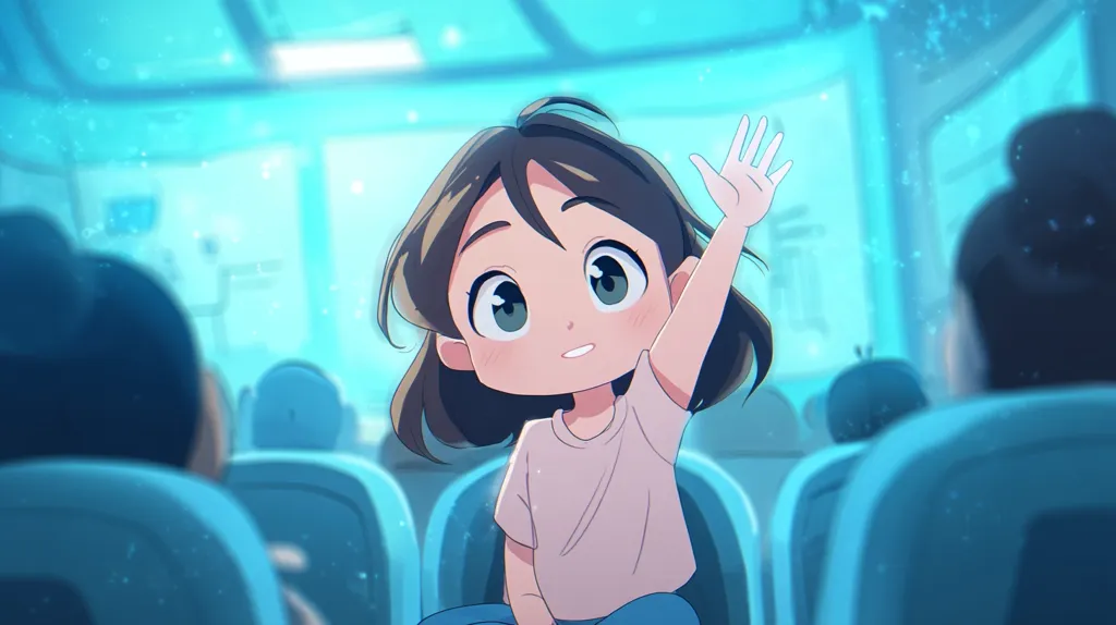 A cute anime-style girl with large eyes and brown hair sits in a teal-colored chair, her arm raised in a wave. She's wearing a light pink t-shirt and appears to be on a vehicle or in a room with a blurry, light blue background. Other indistinct figures are seated nearby, suggesting a public transportation setting.  The overall ambiance is peaceful and dreamy.