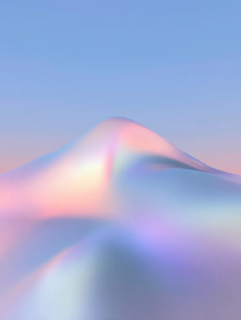 A dreamy, abstract landscape features a softly curved, iridescent hill under a pale blue sky.  The hill's surface shimmers with pastel hues of pink, purple, and blue, creating a smooth, almost ethereal texture.  The overall effect is calming and serene, suggestive of a fantasy or dreamlike world.