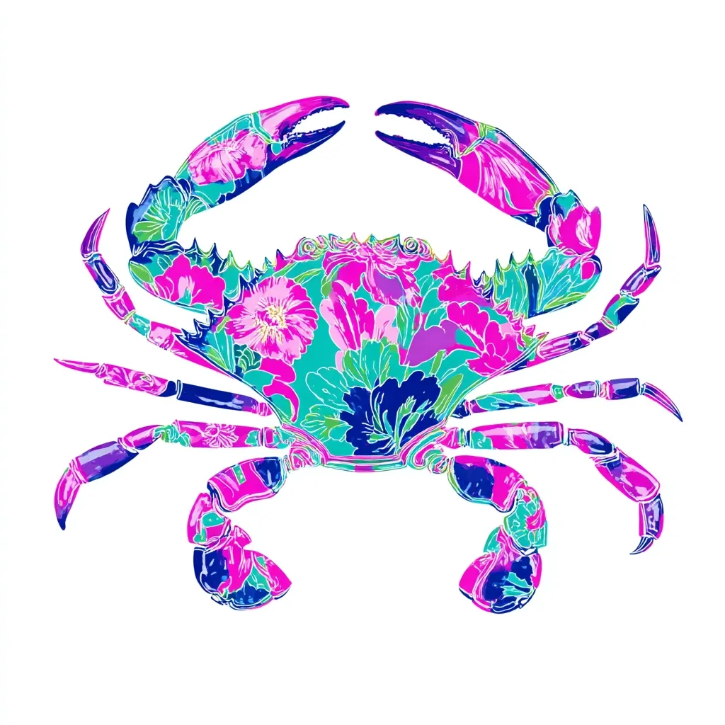 A vibrant illustration of a crab, its shell and legs adorned with a bold floral pattern in shades of pink, purple, teal, and blue. The floral design is dense and detailed, creating a striking contrast against the crab's silhouette. The crab is presented in profile view, against a stark white background, emphasizing its colorful and intricate design.