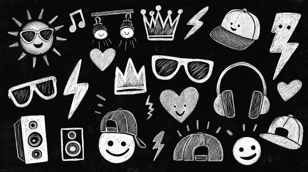 A chalkboard drawing features a collection of fun, youthful icons drawn in white chalk.  The design includes sunglasses, smiley faces, crowns, lightning bolts, baseball caps, headphones, speakers, a sun, hearts, and musical notes. The style is playful and reminiscent of doodles or graffiti art.  The overall impression is one of energetic, happy, and trendy imagery.
