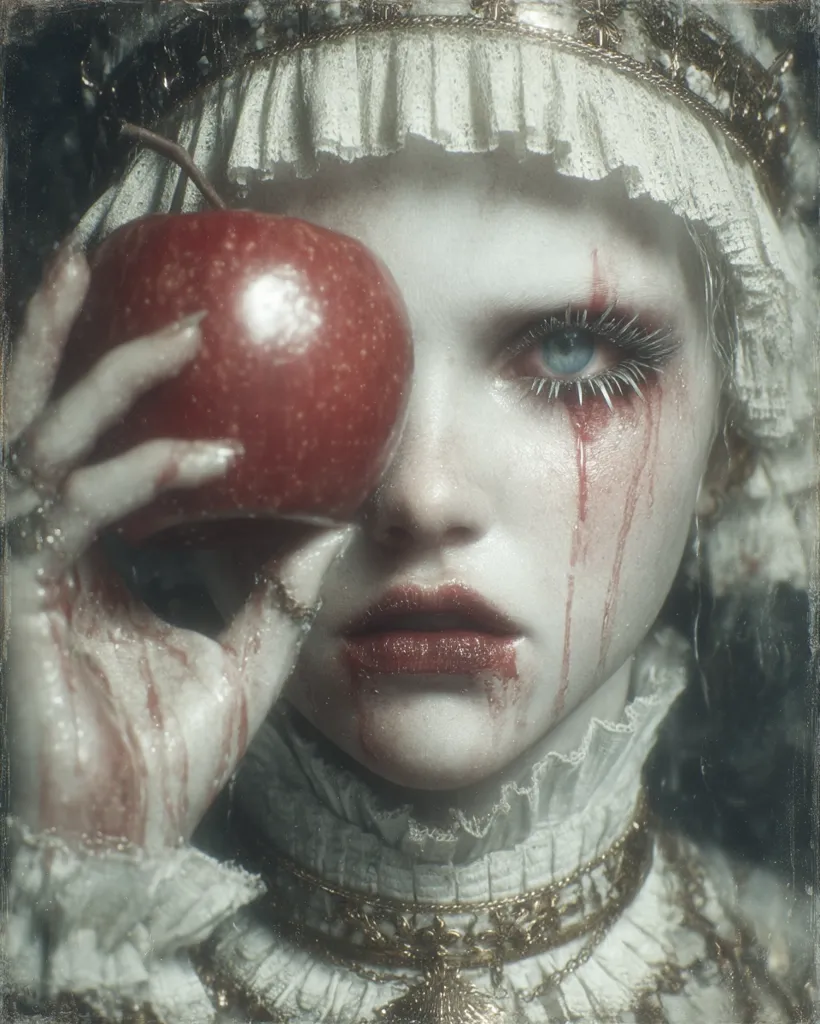 A pale woman, adorned in a white ruffled collar and gold necklace, holds a red apple to her eye.  Blood streaks down her face, contrasting with her ghostly complexion and dark eye makeup.  The image evokes a gothic, macabre aesthetic, hinting at a dark fairy tale or a scene of violence.  The overall mood is mysterious and unsettling.