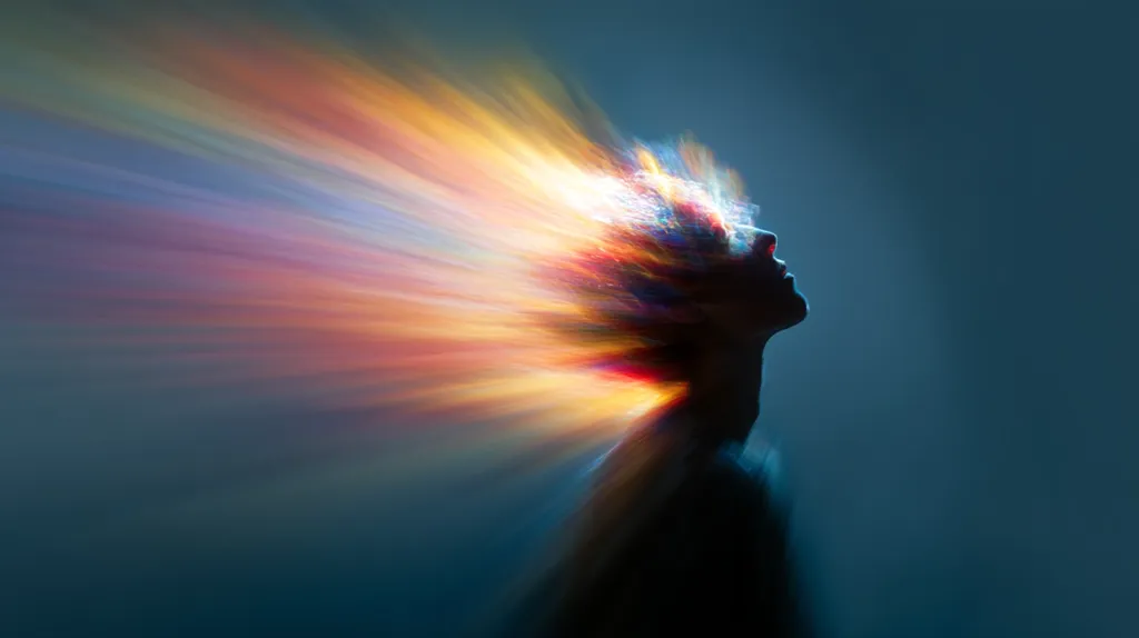 A person's head is tilted back, their hair seemingly ablaze with vibrant, multicolored streaks of light that radiate outwards. The background is a muted, dark teal, enhancing the dramatic contrast with the bright, dynamic energy emanating from the figure's head.  The image evokes feelings of freedom, transformation, and inner light.