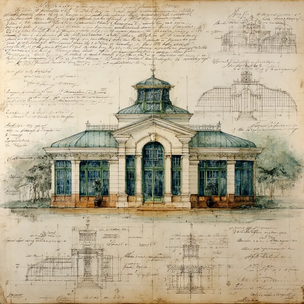 This architectural drawing depicts a detailed design for a grand greenhouse.  The watercolor rendering showcases a classical-style structure with a domed roof, numerous arched windows, and a central entrance.  Accompanying the main illustration are handwritten notes, specifications, and blueprints providing construction details and dimensions. The overall style suggests a late 19th or early 20th-century design.