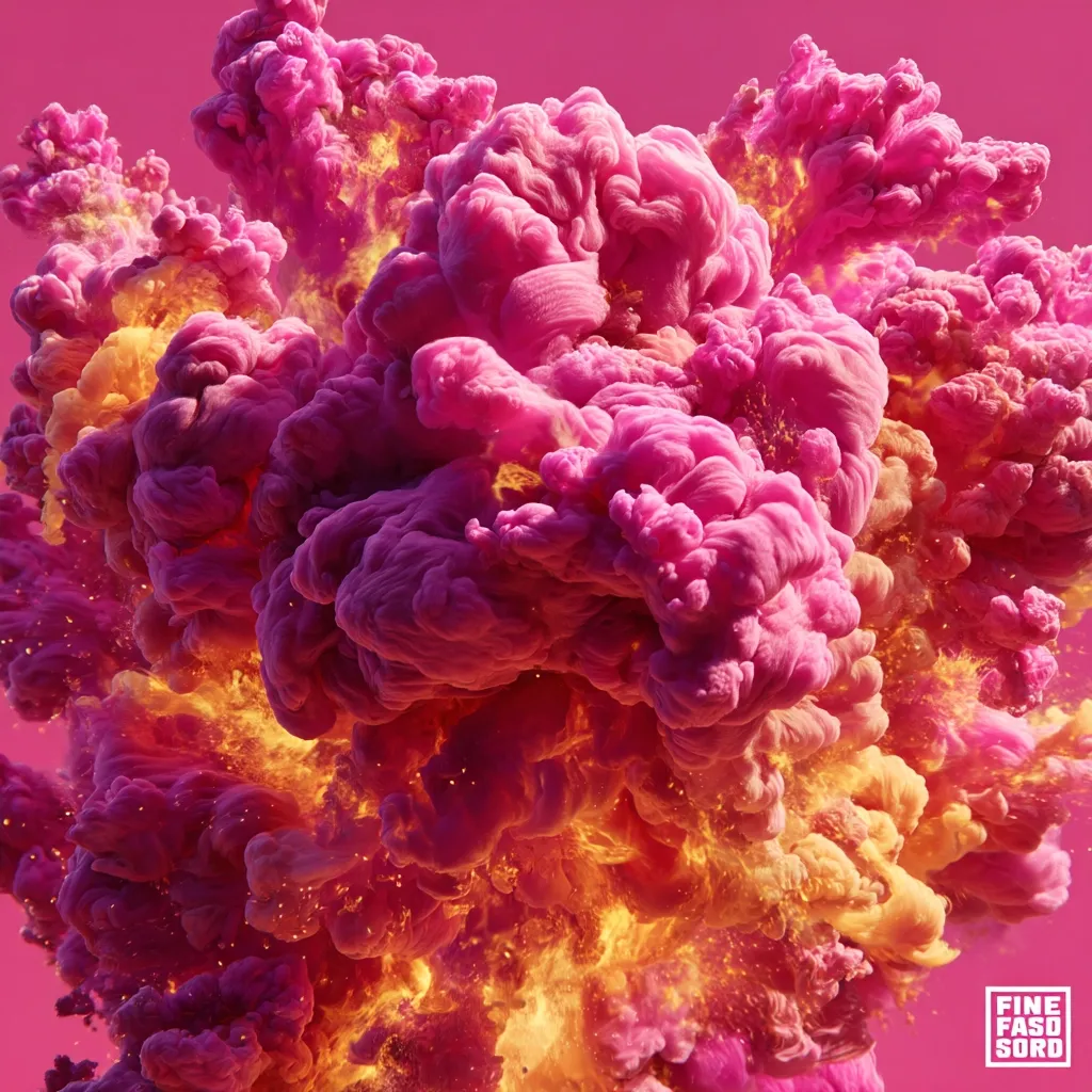 A vibrant explosion of pink and gold ink swirls and billows against a solid pink background.  The image evokes a feeling of energy and dynamism, with the colors blending and contrasting in a visually striking manner.  The pink dominates, punctuated by bursts of warm gold, creating a dramatic and captivating effect.  Fine details in the texture of the ink are visible, enhancing the overall richness of the image.