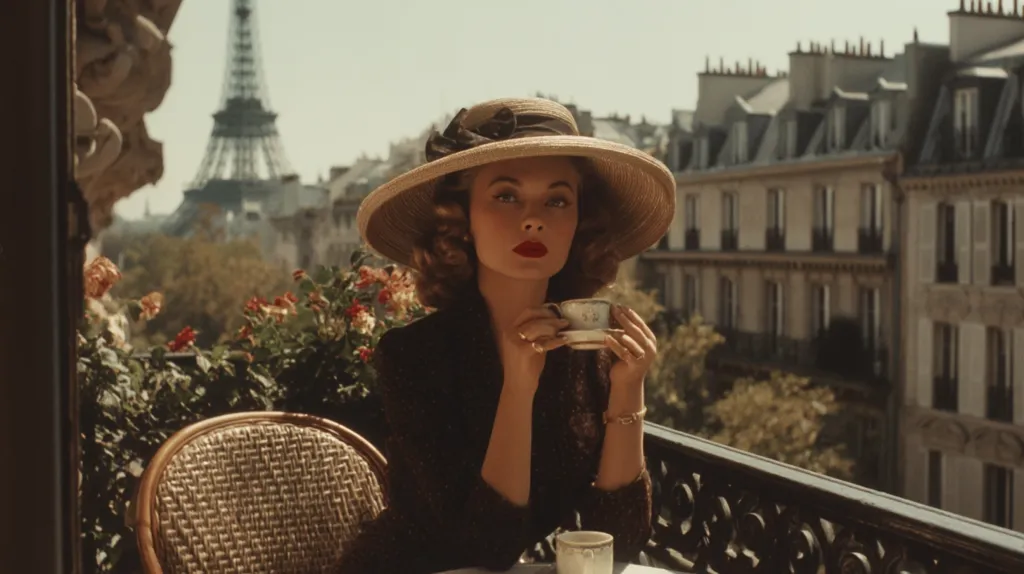 A stylish woman in a wide-brimmed hat sits on a Parisian balcony, enjoying a cup of tea.  The Eiffel Tower is visible in the background, along with charming Parisian architecture.  Flowers adorn the balcony, adding to the romantic ambiance. The scene is bathed in warm, golden light, evoking a sense of classic elegance and timeless beauty.