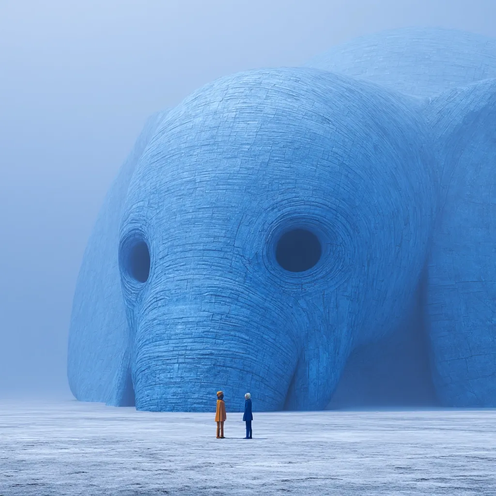 Two small figures, one in orange and one in blue, stand before an immense, light-blue, elephant-like structure in a desolate, misty landscape.  The colossal creature dominates the scene, its textured surface and large, dark eyes creating a sense of awe and perhaps unease. The vastness of the sculpture emphasizes the figures' diminutive size, highlighting a theme of scale and the unknown.