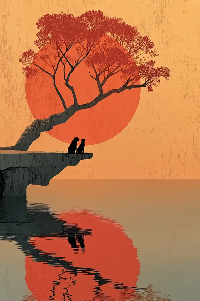 A serene sunset scene depicts two stylized felines perched atop a cliff overlooking calm water.  A large, red sun dominates the horizon behind a silhouetted tree with sprawling branches. The reflection of the sun and the cliff creates a mirrored effect on the tranquil water below, enhancing the peaceful and contemplative mood of the image.  The overall style is minimalist and evocative.