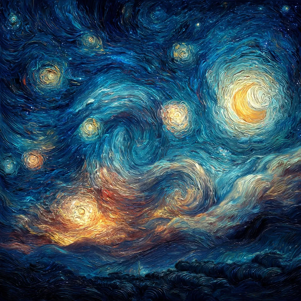 A vibrant, stylized depiction of a night sky, reminiscent of Van Gogh's "Starry Night."  Swirling blues and yellows dominate the celestial scene, depicting a moon and numerous stars rendered with thick, impasto brushstrokes.  The lower portion shows a dark, undulating landscape silhouetted against the luminous sky, creating a dramatic contrast.  The overall effect is one of intense movement and luminescence.