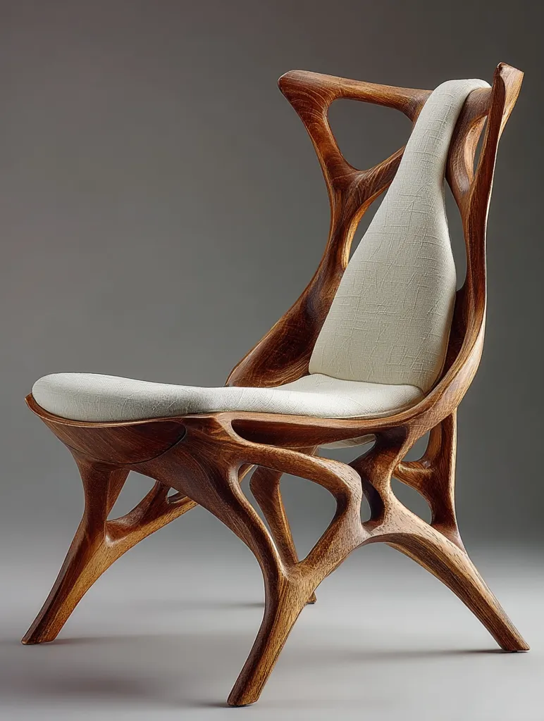A modern, organically shaped wooden chair is showcased.  Its rich, dark wood is intricately carved with flowing, almost skeletal lines.  A padded, off-white cushion provides comfort against the sculpted wood. The chair's design is both artistic and functional, highlighting the beauty of natural materials and skilled craftsmanship.  Its unique form suggests both strength and elegance.