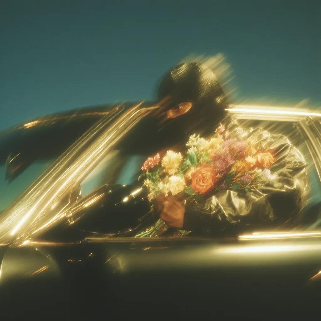A person wearing a black balaclava sits in a car, holding a bouquet of colorful flowers. The image is stylized with a dreamy, golden light effect, creating a hazy, almost surreal atmosphere.  The car's reflective surface adds to the visual interest, while the motion blur suggests movement.  The contrast between the masked figure and the delicate flowers is striking.