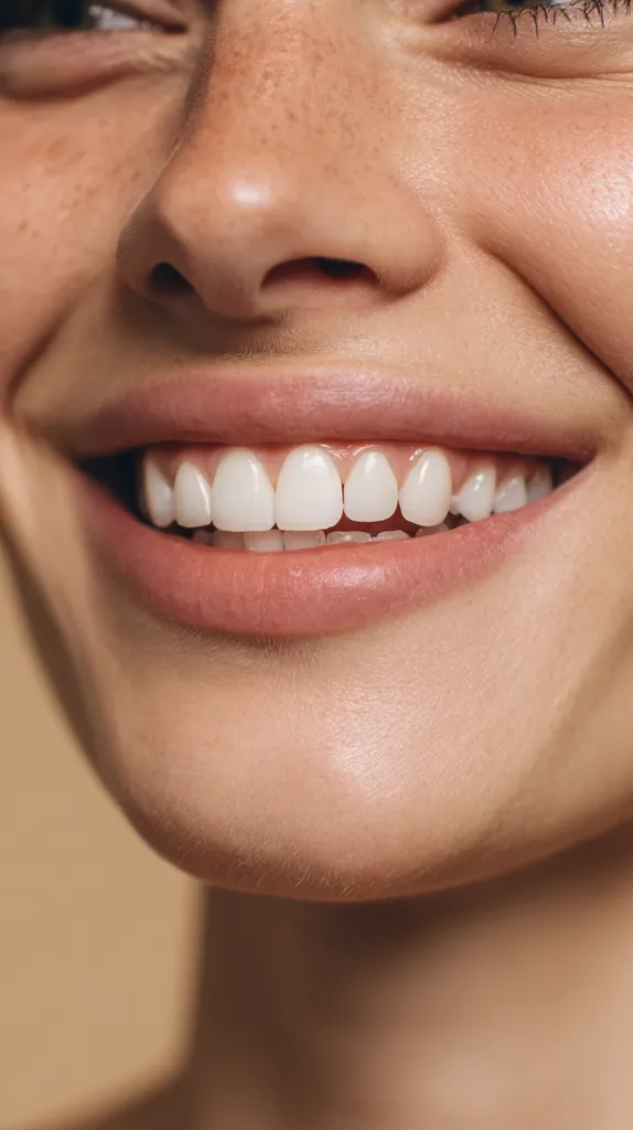Close-up of a person's smile, showcasing perfectly aligned, bright white teeth.  The lips are full and a natural pink hue.  The skin is light-toned with freckles visible around the nose and cheeks.  The overall impression is one of health and beauty.