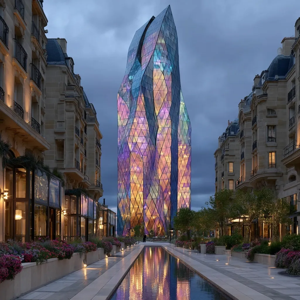 A modern, iridescent skyscraper stands tall between two rows of elegant, classical buildings. The tower's multifaceted glass facade shimmers with colorful lights, reflecting in a long, narrow pool at its base.  The scene is lit at dusk, creating a striking contrast between the old and new architecture. Lush landscaping lines the walkways, completing the sophisticated urban setting.