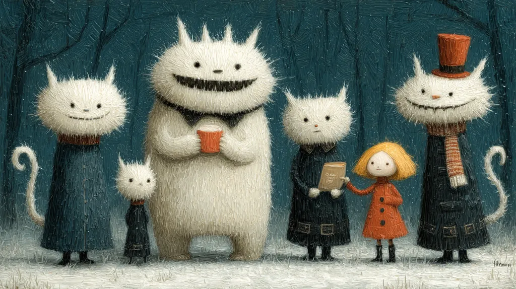 A whimsical painting depicts a group of anthropomorphic cats in a snowy forest.  The largest cat, with a mischievous grin, holds a cup.  Others are dressed in coats and hats, one carries a book. A small girl in a red coat stands amongst them. The style is textured and slightly surreal, evoking a cozy, yet slightly eerie winter scene.  The overall mood is charming and slightly mysterious.