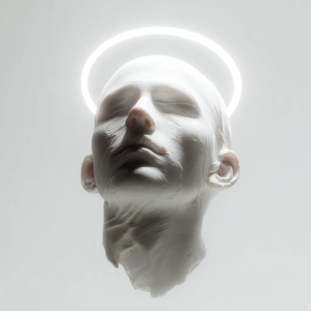 A serene, white sculpted head, eyes closed, is presented against a minimalist light grey background.  A luminous halo encircles the head, adding a spiritual or ethereal quality to the image. The sculpture's texture is subtly rough, suggesting a handcrafted feel, and its pose conveys peacefulness. The lighting is soft and diffused, enhancing the image's contemplative mood.