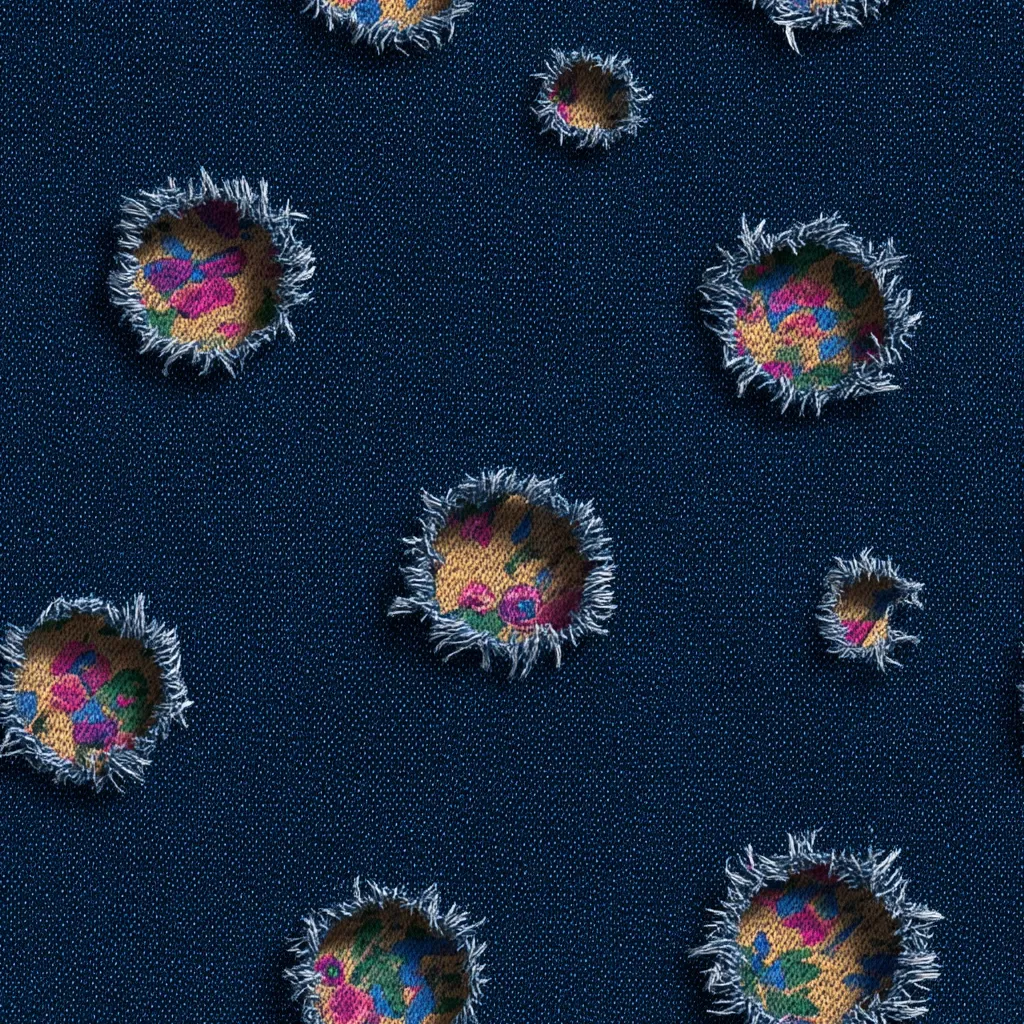 A seamless pattern of distressed denim fabric featuring circular holes.  The holes are filled with a floral patterned fabric in muted yellows, pinks, and blues. The frayed edges of the denim create a textured, worn look, adding a vintage aesthetic to the design. The dark blue denim provides a stark contrast to the lighter floral inserts.  The overall effect is a stylish and slightly edgy textile pattern.