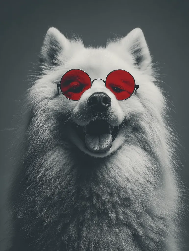 A fluffy white Samoyed dog is the focus of a monochrome image, punctuated by vibrant red round sunglasses.  The dog's tongue is slightly visible, conveying a playful expression. The contrast between the dog's white fur and the bright red glasses creates a striking visual effect.  The background is a simple, dark gray, drawing all attention to the charming canine subject.