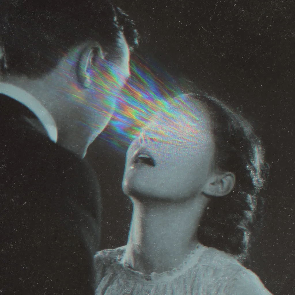 A surreal, digitally altered image depicts a man and woman in close proximity.  A vibrant, rainbow-like light emanates from the man's eyes, striking the woman's face. The overall aesthetic is dark and moody, with a grainy texture reminiscent of vintage photography. The image suggests a mystical or spiritual connection between the two individuals.  The woman's expression is one of awe or wonder.