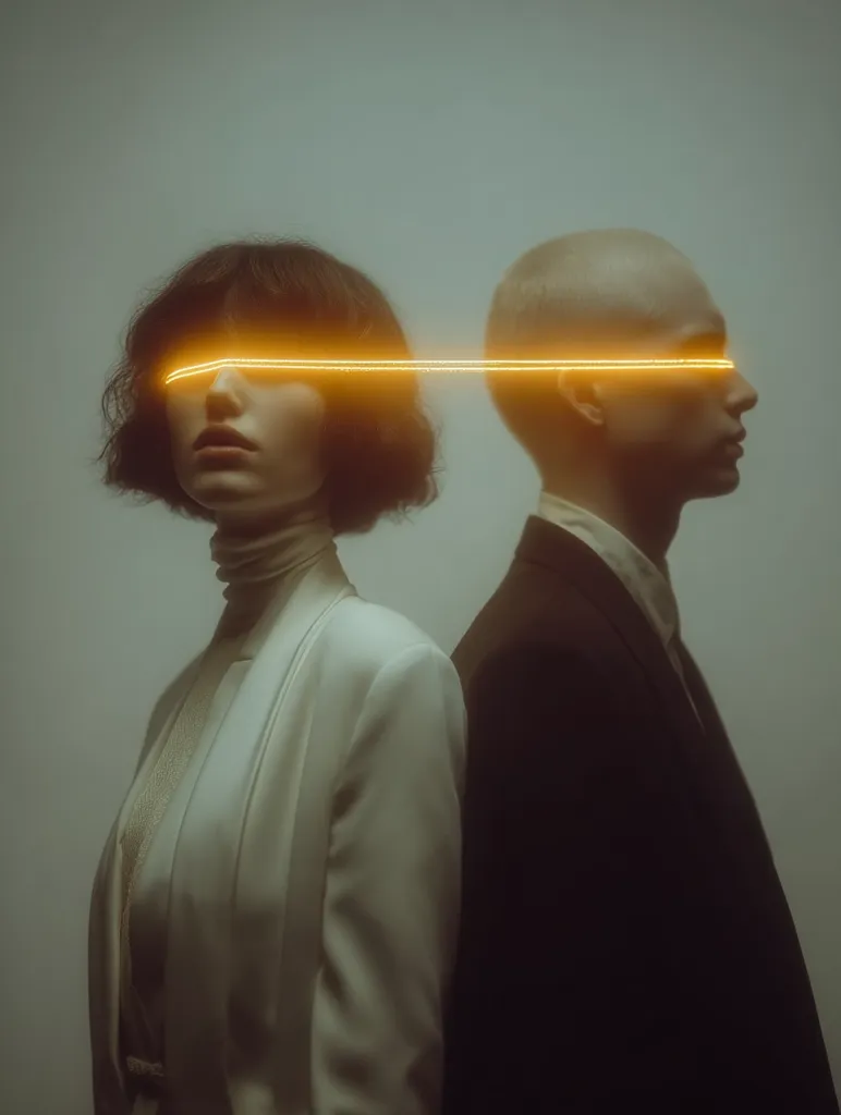 A stylized portrait of a young woman and man standing back-to-back.  A glowing, orange line stretches across their eyes, obscuring their vision.  She wears a cream-colored blazer, while he is in a dark suit. The muted background emphasizes the subjects and the ethereal quality of the image. The overall mood is one of mystery and connection.