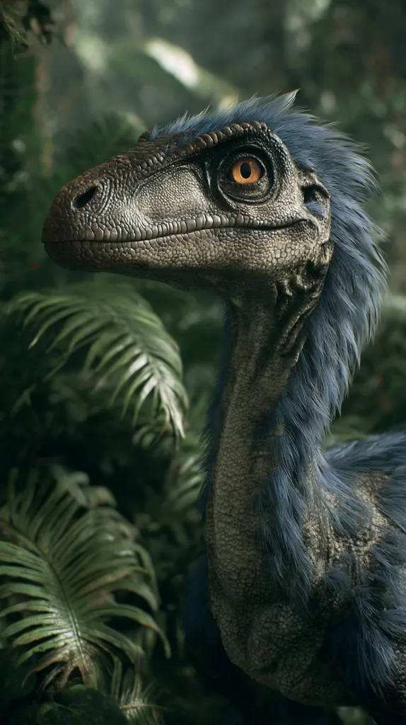 A detailed close-up reveals a feathered dinosaur, possibly a raptor, with striking blue plumage around its neck and head. Its head is turned slightly, revealing a keen, intelligent gaze.  The dinosaur's textured skin and scales are vividly depicted, contrasting with the softness of its feathers.  The lush, green tropical background enhances the image's realism and prehistoric ambiance.