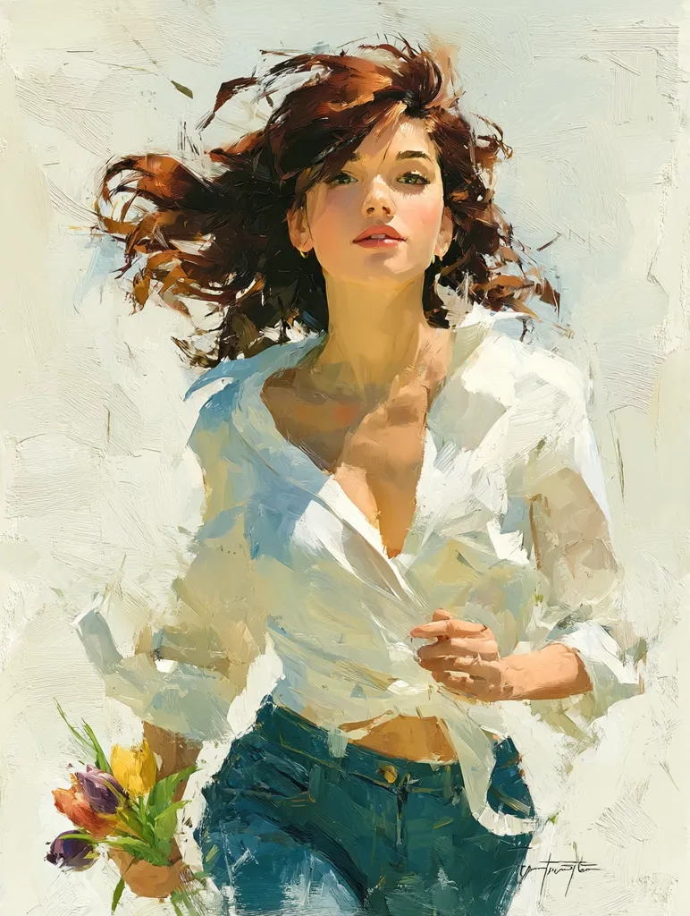 A vibrant, impressionistic portrait depicts a young woman with windswept auburn hair.  She wears an unbuttoned white shirt tied at her waist over teal jeans, holding a bouquet of tulips. The painting's loose brushstrokes and bright colors create a feeling of movement and sunlight, conveying a sense of carefree energy and youthful beauty.