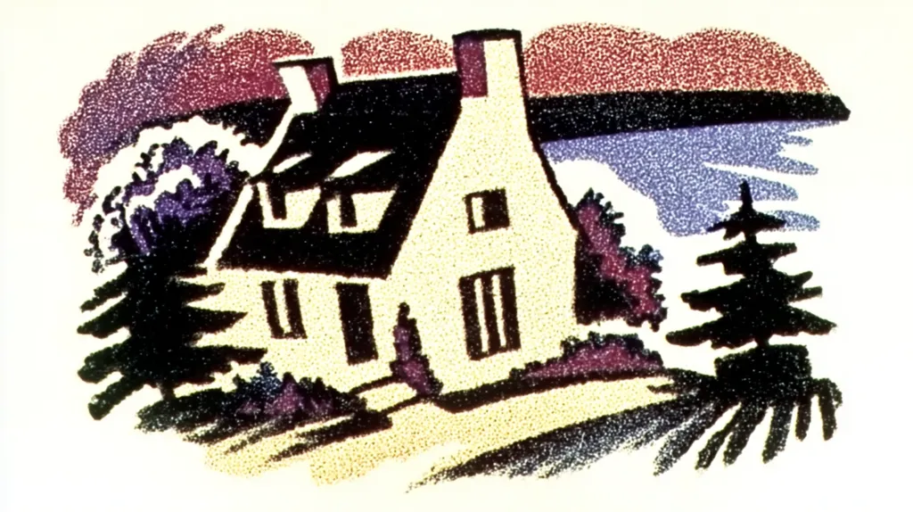 A stylized illustration depicts a cream-colored house with a dark roof, two chimneys, and several windows.  The house sits on a gently sloping hill, surrounded by dark green evergreen trees and purple-toned bushes.  The background features a stippled sunset in shades of red and purple over a dark blue body of water, suggesting a peaceful lakeside setting.  The style is reminiscent of linocut or woodcut printmaking.
