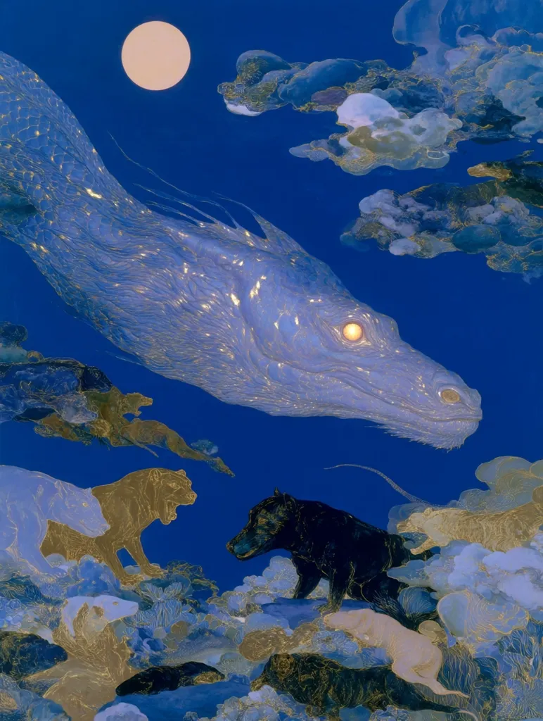 A luminous blue dragon, detailed with shimmering gold lines, dominates a nocturnal scene under a pale moon. Below, several animals—a lion, a bear, and smaller creatures—are nestled amongst stylized clouds and rocks, rendered in shades of blue and gold. The overall effect is dreamlike and ethereal, suggesting a fantastical, perhaps mythical, landscape.