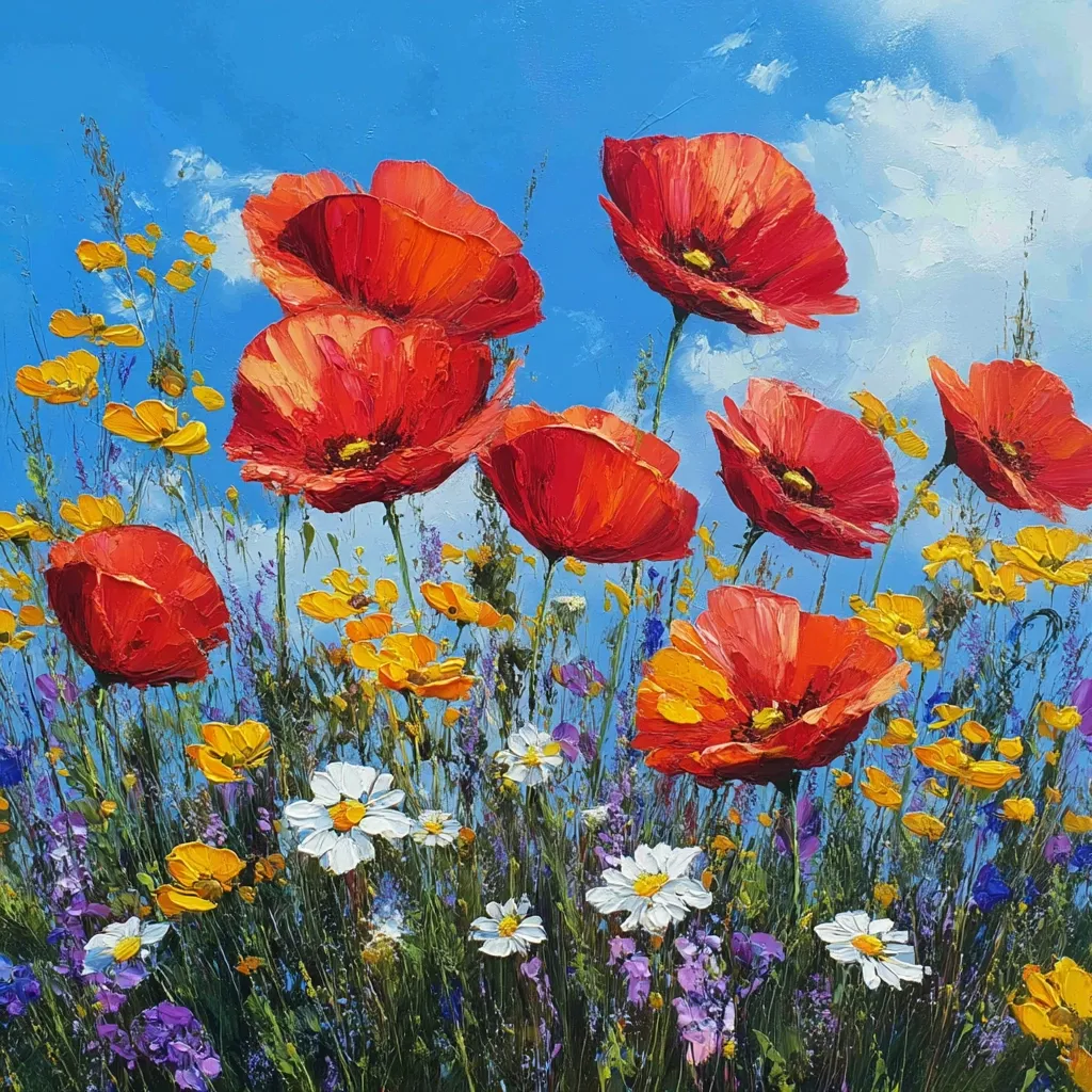 A vibrant oil painting depicts a field of wildflowers under a bright blue sky.  Bold, red poppies dominate the foreground, their petals rendered with visible brushstrokes.  Smaller yellow and white flowers, possibly daisies and buttercups, fill the spaces between the poppies.  The sky is a clear, cheerful blue with wispy white clouds.  The overall impression is one of summer and joyful abundance.