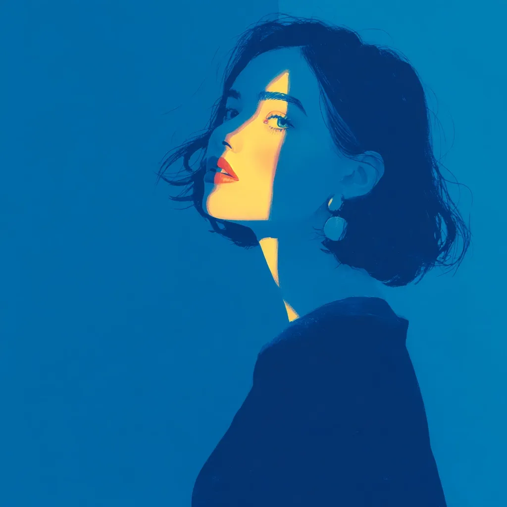 A stylized portrait of a woman with short dark hair.  A vibrant, warm light illuminates one side of her face, creating a striking contrast against the cool blue background.  She is depicted in profile, her gaze directed away from the viewer, conveying a sense of mystery and contemplation.  The overall style is graphic and minimalist, emphasizing bold colors and sharp lines.