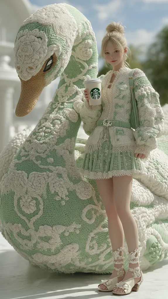 A young woman in a pastel green intricately knitted outfit stands next to a large, similarly styled swan sculpture.  She holds a Starbucks cup.  The scene is bright and airy, suggesting an outdoor setting. The textures of the clothing and swan are highly detailed, giving a luxurious, almost fantastical feel.  The overall aesthetic is whimsical and elegant.