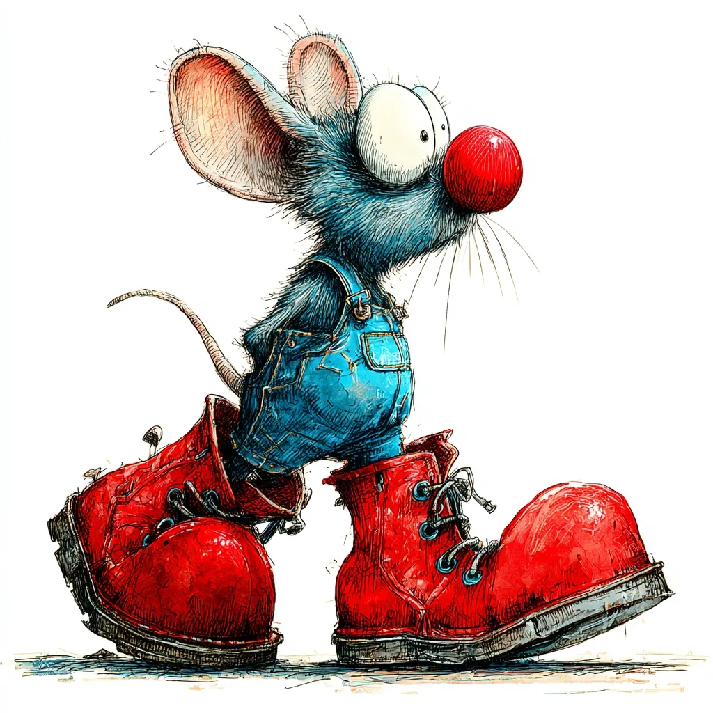 A whimsical illustration of a cartoon mouse.  The mouse is blue-grey, wearing oversized red boots and blue denim overalls. Its large ears and bright red nose add to its quirky charm.  The mouse is depicted taking a step, its expression curious and slightly surprised. The style is expressive and textured, with visible brushstrokes contributing to the overall artistic feel.