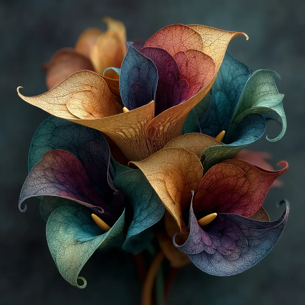 A close-up shot reveals a cluster of stylized calla lilies, their petals exhibiting a captivating blend of deep teal, burnt orange, and rich burgundy hues.  The intricate vein patterns are visible, giving the flowers a delicate, almost ethereal quality.  The dark background enhances the vibrancy of the colors, creating a dramatic and artistic image.  The overall impression is one of surreal beauty and elegance.