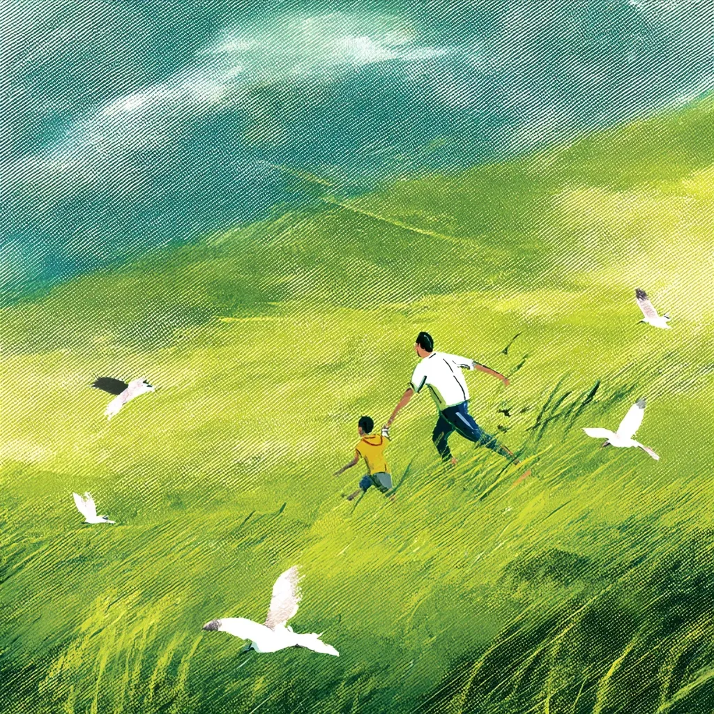 A father and son run hand-in-hand across a vibrant green field under a dramatic, cloudy sky.  Several white birds fly freely overhead, adding to the sense of open space and joyful movement. The painting's style is impressionistic, with loose brushstrokes conveying a feeling of wind and boundless energy. The scene evokes a feeling of freedom and the strong bond between parent and child.