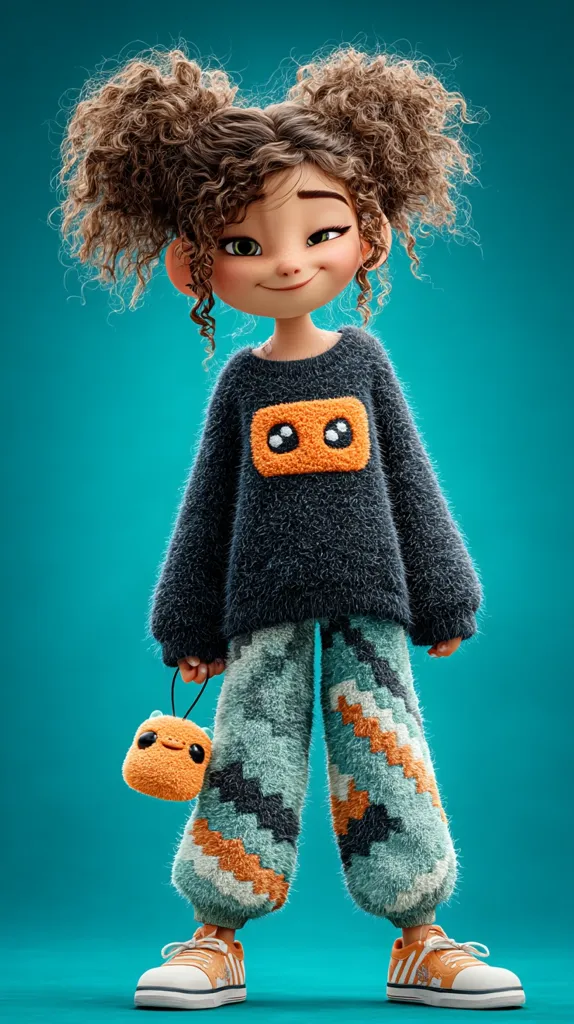 A charming 3D-rendered girl with curly brown hair in pigtails stands against a teal backdrop. She's dressed in a fuzzy dark gray sweater featuring a playful orange robot design and matching patterned pants.  Her cheerful expression and stylish attire, completed with orange and white sneakers and a small orange plush toy, create a cute and modern aesthetic.