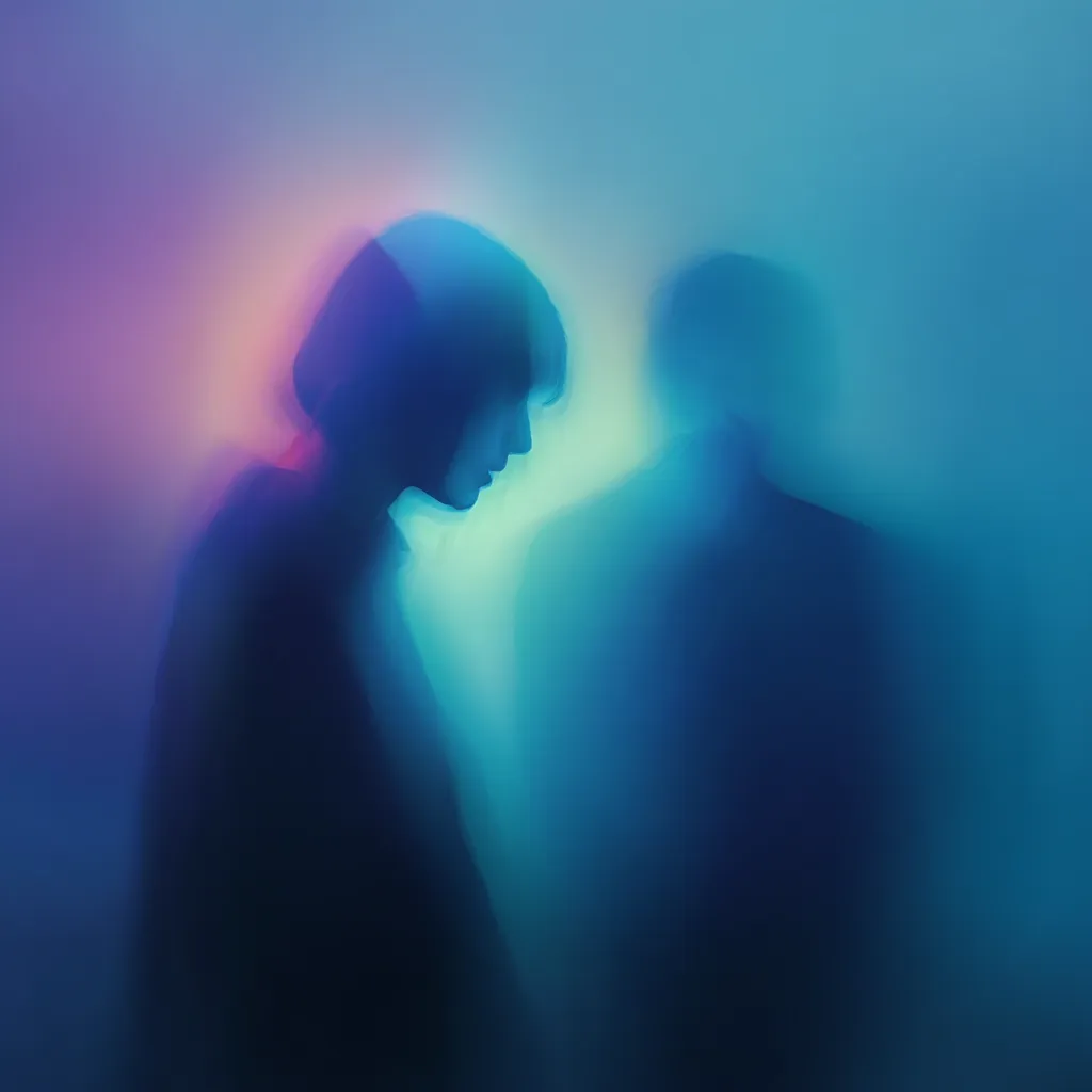The image shows two blurry figures, possibly a man and a woman, silhouetted against a vibrant, multicolored background. The woman is in the foreground, her head bowed, while the man stands behind her, slightly out of focus. The overall atmosphere is dreamy and ethereal, suggestive of a melancholic or introspective mood. The colors shift from cool blues and greens to warmer purples and pinks, adding to the surreal quality of the scene.  The blurry effect creates a sense of mystery and distance.
