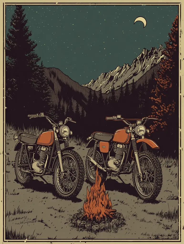 A vintage-style illustration depicts two orange motorcycles parked beside a campfire under a starry night sky.  Mountain silhouettes and pine trees form a dramatic backdrop. The scene evokes a sense of adventure and freedom, with the motorcycles suggesting a journey through rugged terrain.  The detailed artwork uses rich colors and textures, creating a nostalgic and evocative atmosphere.
