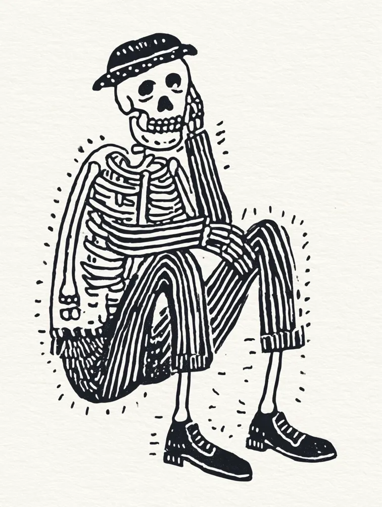 A black and white illustration depicts a skeleton wearing a hat and pinstripe pants, sitting with its hand to its chin in a contemplative pose.  The style is reminiscent of vintage tattoo art or woodblock prints.  The skeleton's ribcage and bones are clearly visible through its clothing.  The image is detailed and has a slightly whimsical, yet melancholic feel.