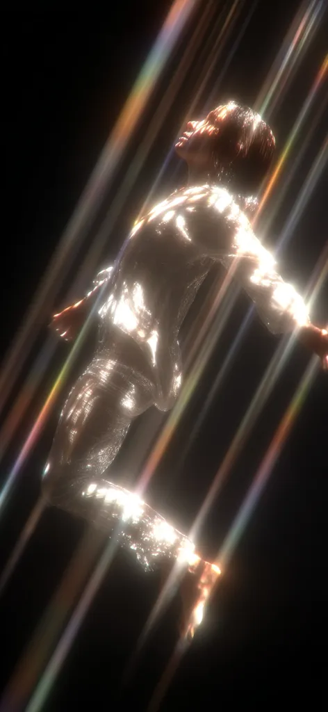 A stylized figure, seemingly sculpted from light and shimmering material, floats in a dark space.  Rainbow-like light streaks intersect the figure, creating a dynamic, ethereal effect. The pose suggests movement and fluidity, with the figure's head tilted back, creating a sense of transcendence or aspiration. The overall aesthetic is futuristic and otherworldly.
